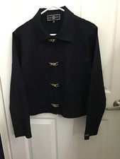 St John Sport Marie Gray Blue Cropped Jacket Gold Buckles Womens Medium USA Made