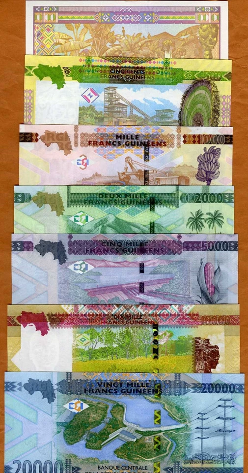 SET Guinea 100-500-1000-2000-5000-10000-20000 francos 2015-2023 UNC colorido Foto 2 de 2