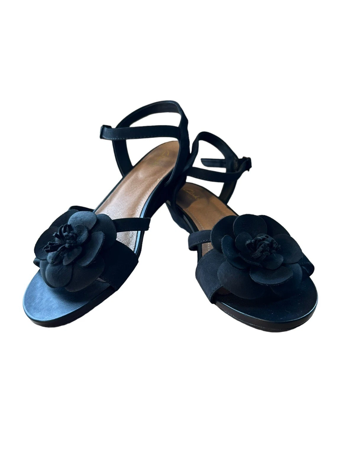 Sandali Clarks Parram Stella neri fiori nabuk punta aperta cinturino alla caviglia misura 8 5