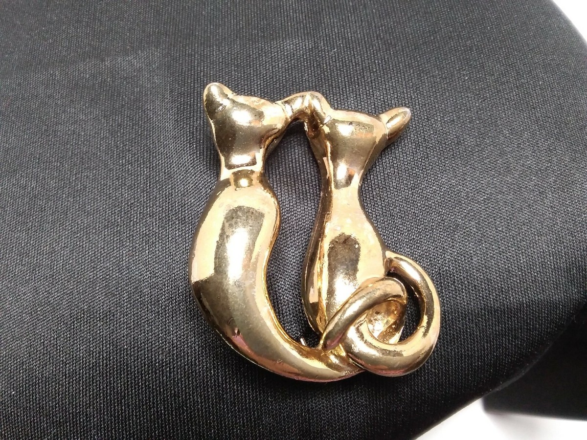 VINTAGE CATS TWO TAILS ENTWINED SITTING GOLD TONE JEWELRY ALLOY C
