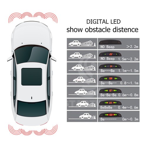 4 Parking Sensor Radar LED Display Car Reverse Buzzer Alarm Aid Kit Radar Silver - Picture 6 of 11