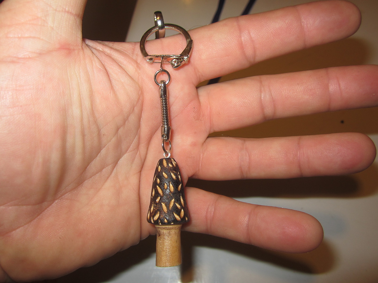 HANDCRAFTED HOMEMADE WOOD MOREL MUSHROOM KEYCHAIN (SNAKE STYLE