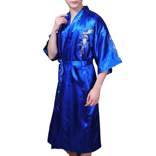 Men Satin Chinese Dragon Kimono-Silk Bathrobe Pajamas Sleepwear Gown Bath Robe - Imagen 42 de 52