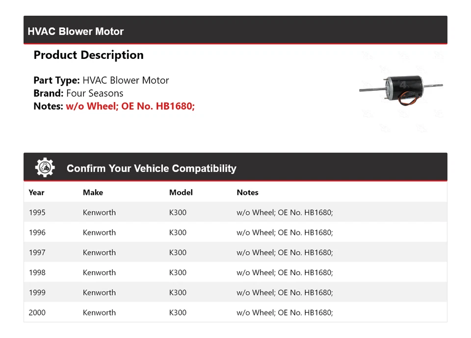 For 1995-2000 Kenworth K300 HVAC Blower Motor 4 Seasons 1996 1997 1998 1999 - Image 2 of 4