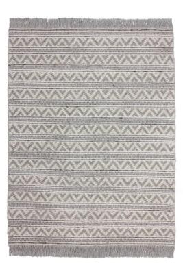 Wolle Boho Teppich Kurzflor Beige Grau Streifen Design Muster Fransen80x150 cm
