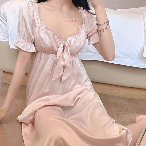 Damen Kunstseide Nachthemd Satin Nachthemd V-Ausschnitt Nachtwäsche Schleife Midikleid - Bild 7 von 23