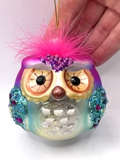 Owl Pink Feather Glitter Jeweled Glass Christmas Ornament JS 3" Width