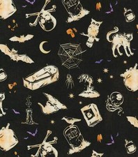 Wicked Haunted Eve Halloween Cotton Fabric 1/2 YD 18" X 44" Bats Cats Coffin