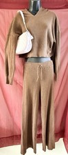Pink Rose Brown Knit 2 Piece Women's Outfit Set - Hooded Sweater Pants, S