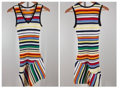 Milly Dress Multicolor Striped Ribbed Knit Asymmetric Hem Sleeveless Bodycon XS