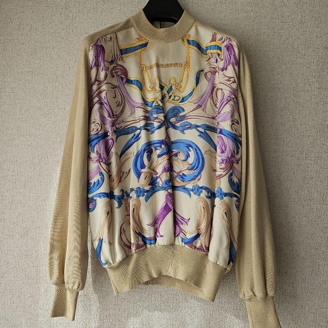 Hermes Beige Silk Cashmere Long Sleeve Knit Decorative Print, Used 