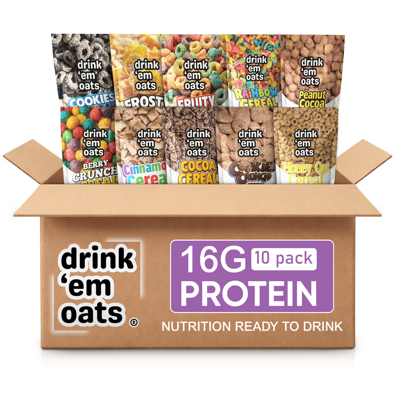 Drink 'em Oats 10 pack Variety Pack 16g protein drinkable oat (No Shaker Bottle)