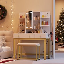 Uforic White Makeup Vanity Desk Set with LED Mirror Lights, 3 Drawers Storage,