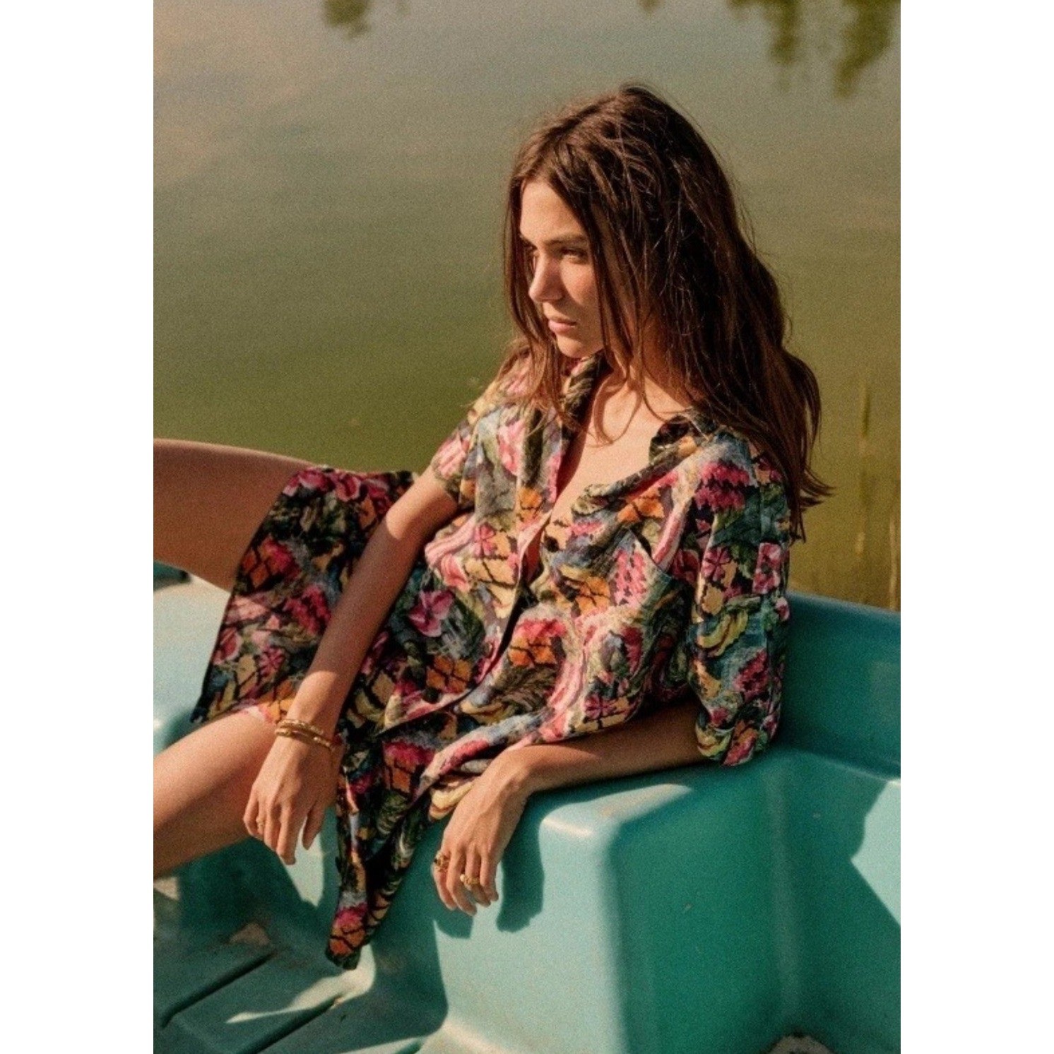 SEZANE Sofia Shirt Dress Women 6 Black Tropic Fruit Floral Linen Blend Button Up