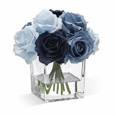 Blue Artificial Silk Roses In Glass Vase With Faux Water Table Decor