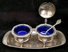 Vintage Silver Plate Salt Cellar & Mustard Pot Set Cobalt Blue Liners Lion Feet — photo 1
