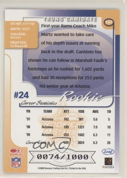 2000 Leaf Rookies & Stars Rookie Auto /1000 Trung Canidate #157 Auto RC - Image 2 of 2
