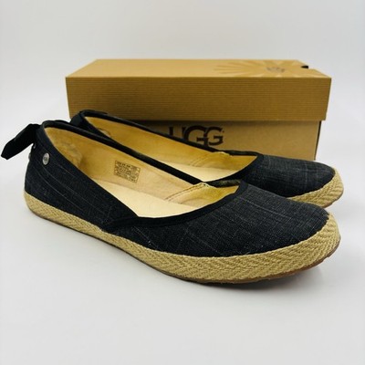 UGG INDAH Sz 10 Black Canvas Burlap Espadrille Slip On Heel Bows Flats Shoes