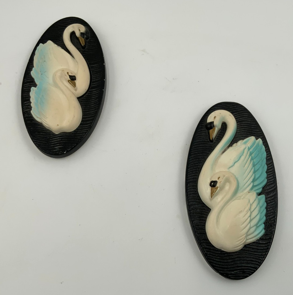 Authentic 1960s Miller Studio chalkware swan plaques — a named, highly collectible MCM maker whose work shows up in design museums and serious vintage collections.