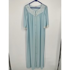 VTG Lorraine Nylon Nightgown Maxi Robe Womem L Blue Embroidered Lace Trim USA