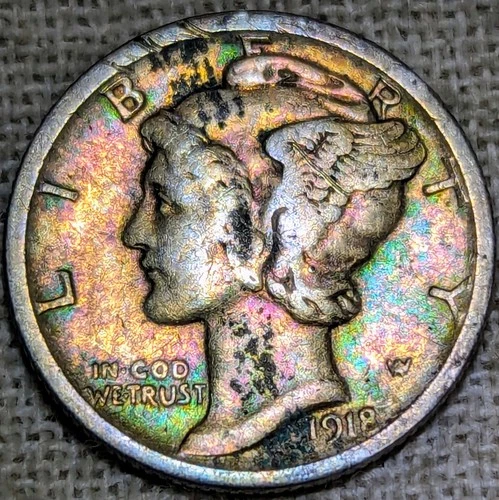 1918 S Mercury Dime VG/Fine : Rainbow Tone, Lower Mintage - Only 3,500 Left
