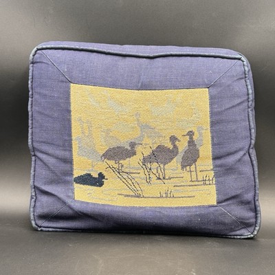 Vtg Handmade Needlepoint Cushion Coastal Shore Bird Heron Crane Decor 13x11 READ