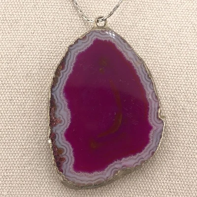 PINK Agate Slice Pendant Necklace Gemstone on Cord Retro Festival Hippie Boho - Image 1 of 4