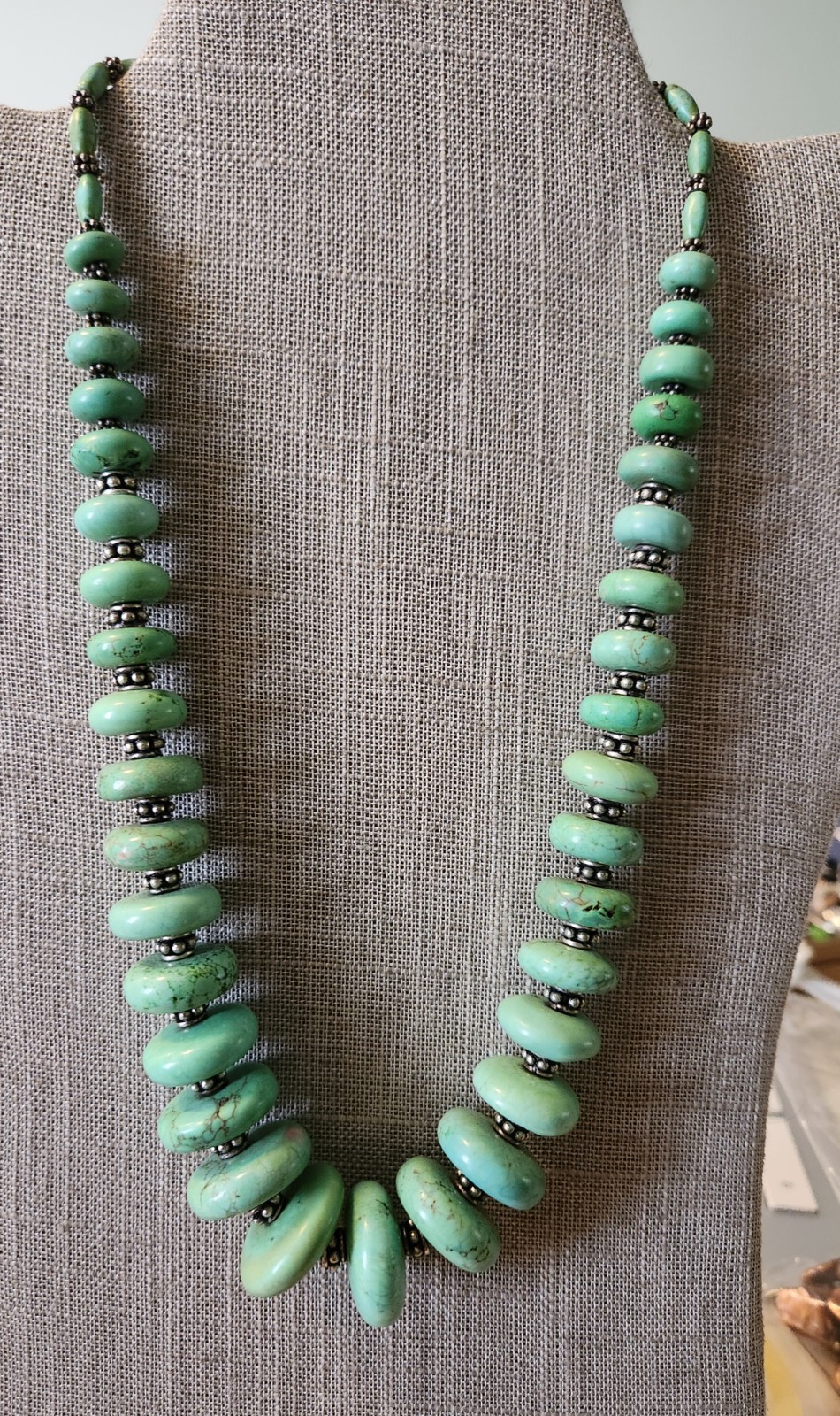 Stunning Graduated Turquoise Disc Beads Sterling Silver Necklace