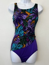 Vintage Sirena 1602 One Piece Swimsuit Women Size 12 Purple Tropical Made In USA