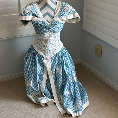 Vintage Custom Made Lolita BLUE GINGHAM Women s BOW/LACE/RIBBONS Frock/dress