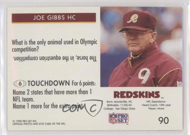 1992 Pro Set Mobil FACT Joe Gibbs #90 HOF - Image 2 of 2