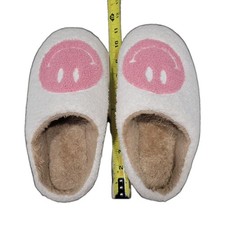 Pink Smiley Face Slippers White Fluffy Women's Large Preowned