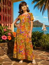 Vintage 60s Neon Psychedelic Retro Barkcloth Empire Maxi Hawaiian Dress S/M
