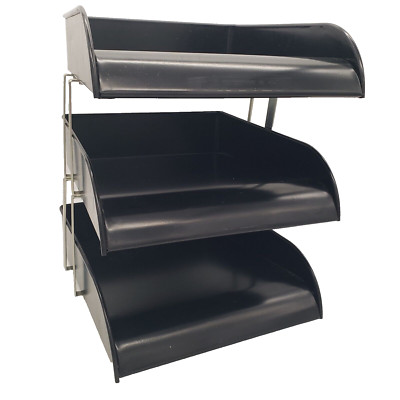 Vintage Steelmaster 3 Tier Paper Tray Desk Organizer Black Metal Filing In/Out
