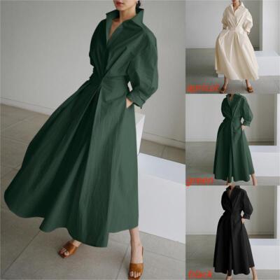 Damen-Maxi-Hemdkleid In A-Linie Langärmelig Lässig Lockeres Kleid Aus Leinen v