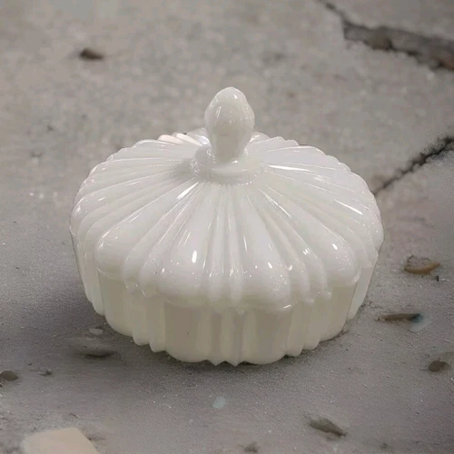 Anchor Hocking Old Cafe White Milk Glass Covered Candy Trinket Dish 1950 Vintage