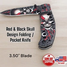 8" Red & Black Skull Assist Pocket / Folding Knife Hunting Woodwork Camping
