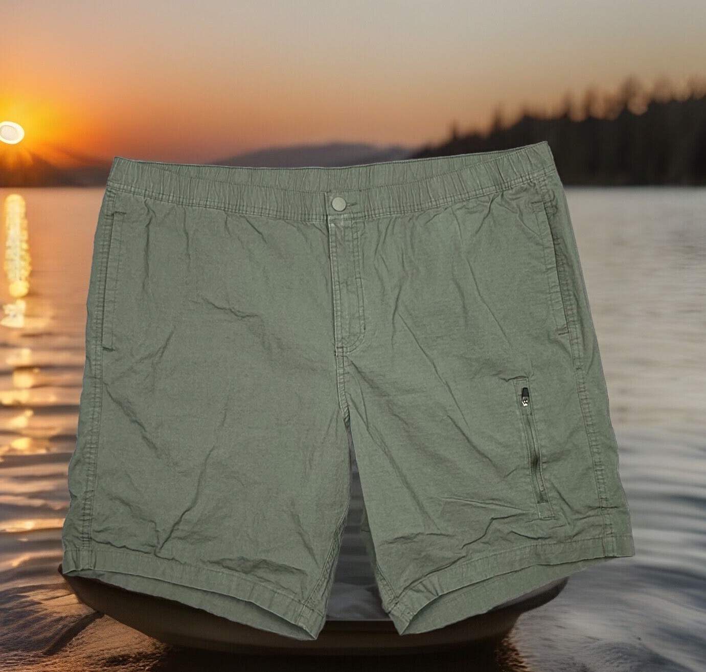 Mens 2XL 44-46 Shorts Green Elastic Waist Pockets Stretch Outdoor Beach
