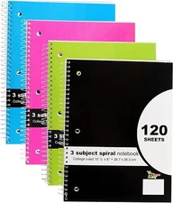 4-Pack 10½" x 8" 3 Subject Spiral Notebook, College Ruled, 120 Sheets per book