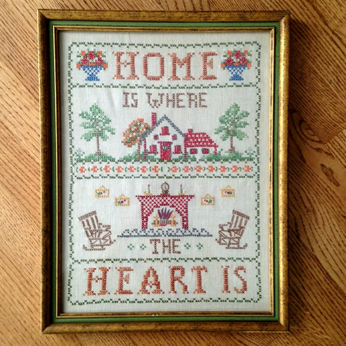 Vintage Framed Home Is Where The Heart Is Cross Stitch