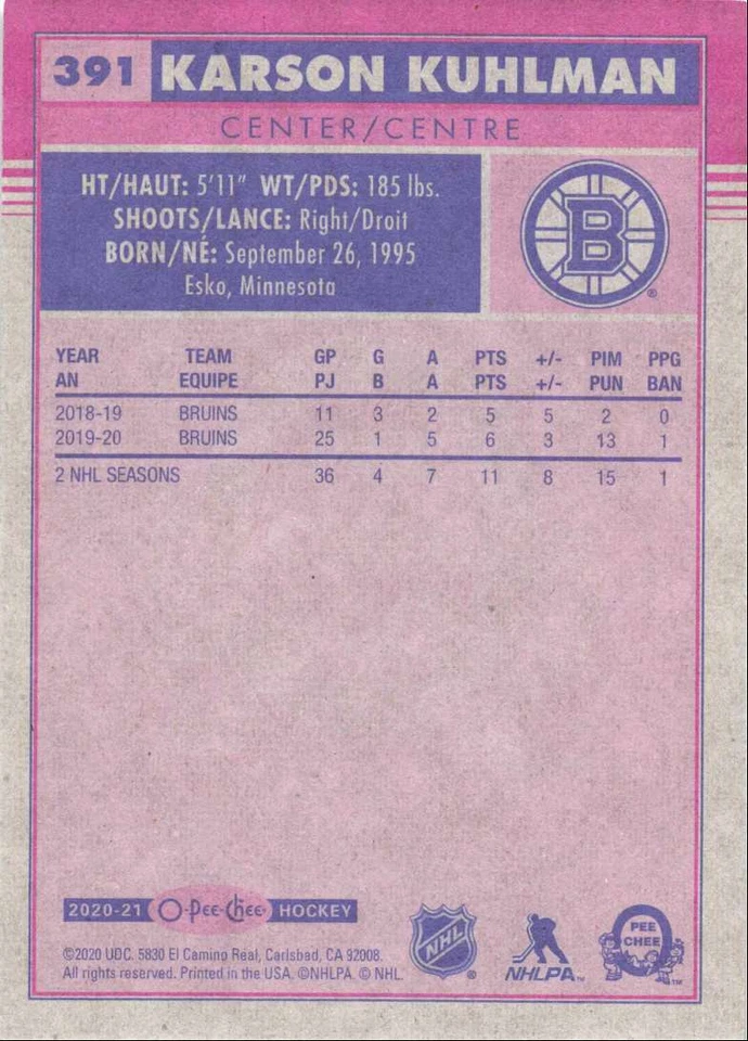 2020-21 O-Pee-Chee Retro Karson Kuhlman Boston Bruins #391 - Image 2 of 2