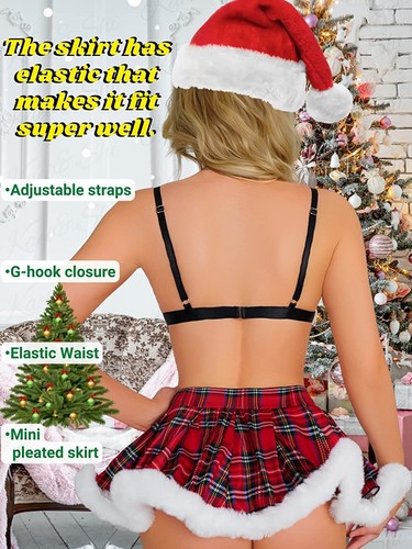 3pcs/Set Sexy Womens Valentine Plaid Contrast Fuzzy Trim Outfit for Holiday Gift - Picture 21 of 26
