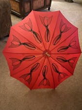 Antique Red Fabric Wood Handle  Shaft Walking Large Umbrella 34" H Opens 38" W