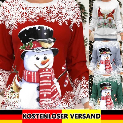 Damen Schneemann Langarm Shirt Weihnachten Bluse Freizeit Hemd Lose Oberteile