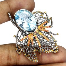 925 Sterlingsilber Brosche Oval Topas 16.21ct Saphir Edelstein Schmuck Handmade