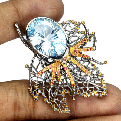 925 Sterlingsilber Brosche Oval Topas 16.21ct Saphir Edelstein Schmuck Handmade