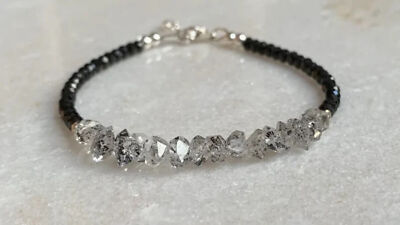 Black Spinel+White Herkimer Diamond Quartz Gemstone Beads Bracelet 7''