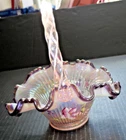 Fenton pink iridescent basket purple crest ruffled rim hand painted flowers
