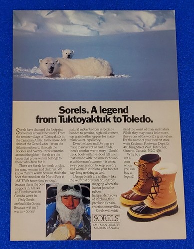 1985 SOREL COLD WEATHER BOOTS PRINT AD HUNTING FISHING TREKKING LUMBERJACKING