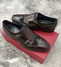 Salvatore Ferragamo Calfskin Suede Monk Brown Leather Mens Shoe US12D EU46